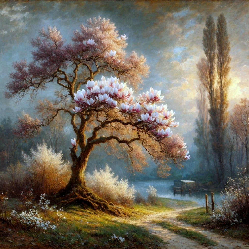 Magnolia Tree in Bloom by Tranquil Water Landscape