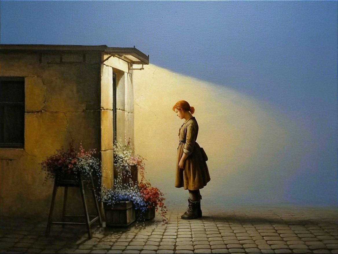 Young girl in alley admiring flowers at dusk