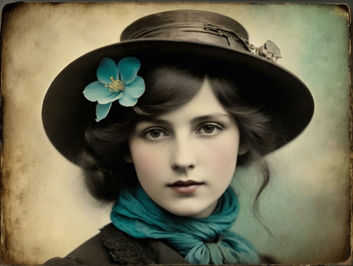 Vintage Portrait of a Woman with Floral Hat and Scarf
