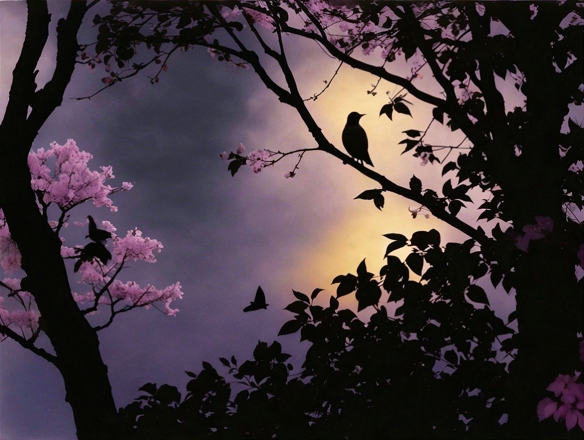 Twilight Scene with Silhouetted Trees and Blossoms