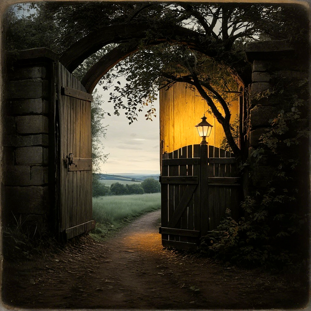 Rustic Wooden Gate with Lantern in Lush Greenery