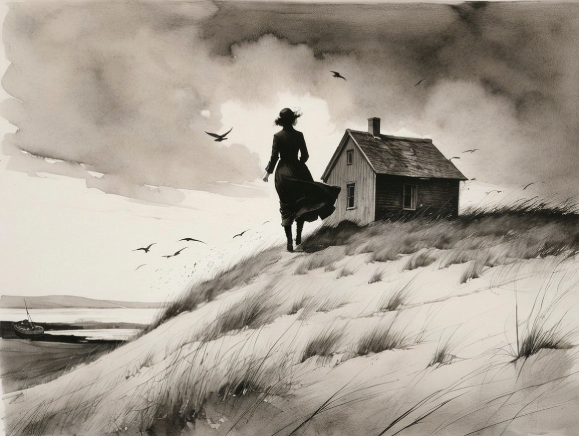 Solitary Figure in Dress on Windswept Dune Scene