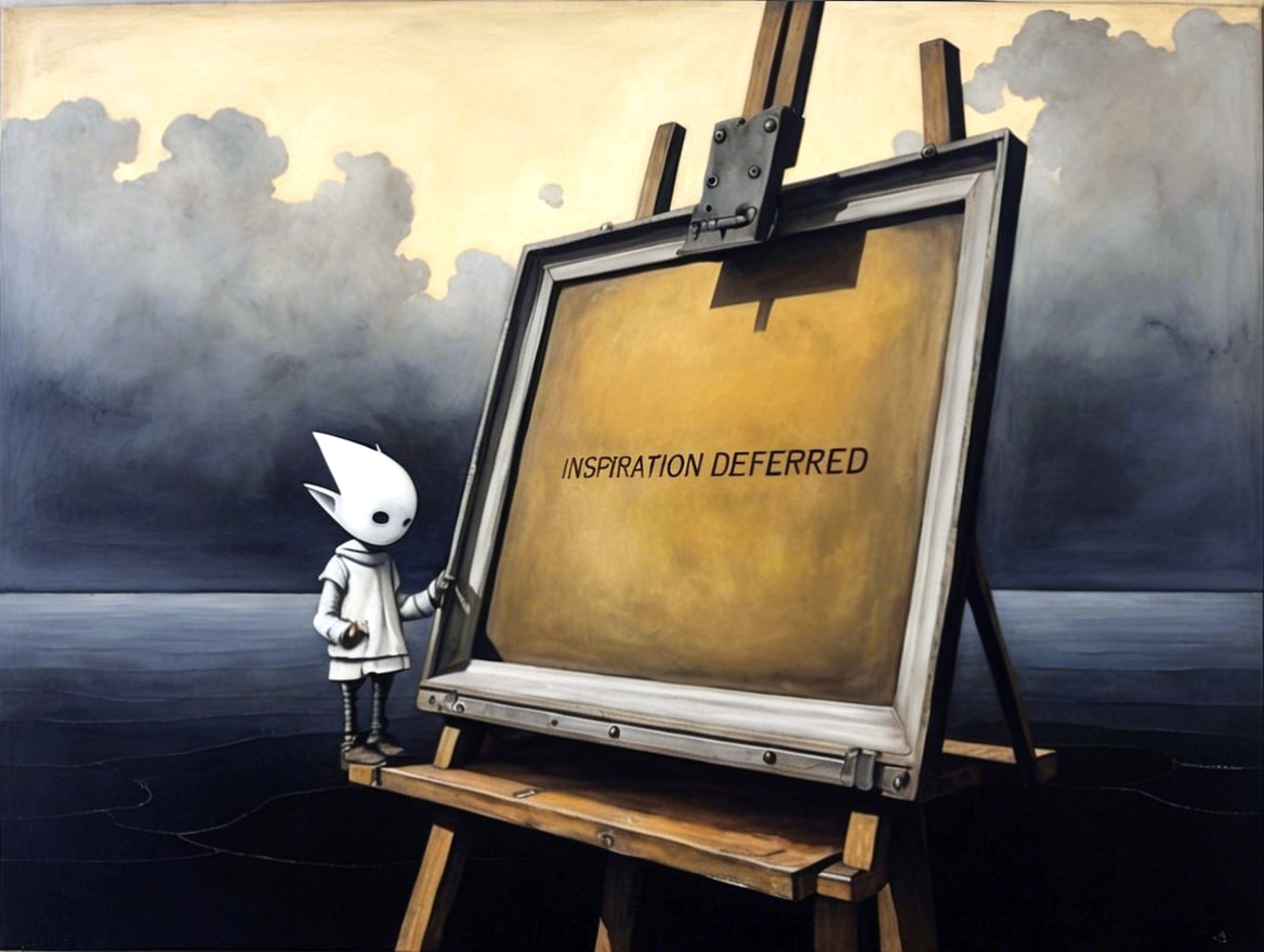 Whimsical Figure Contemplates Empty Canvas and Landscape