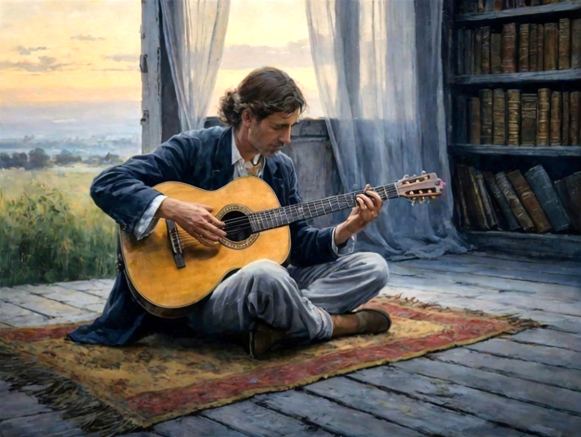 Young man playing guitar in a sunlit cozy room