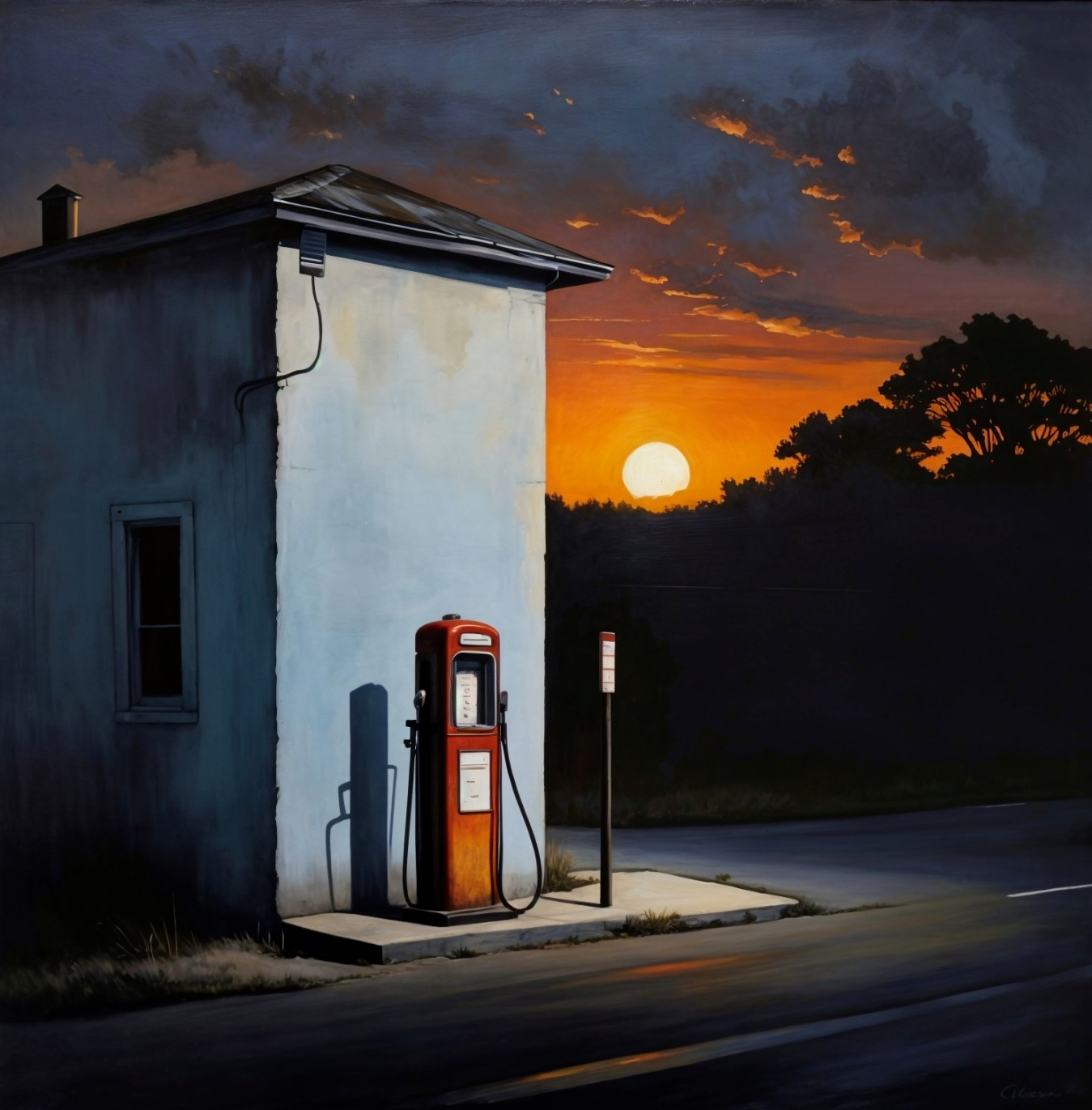 Orange Vintage Gas Pump by White Building at Sunset
