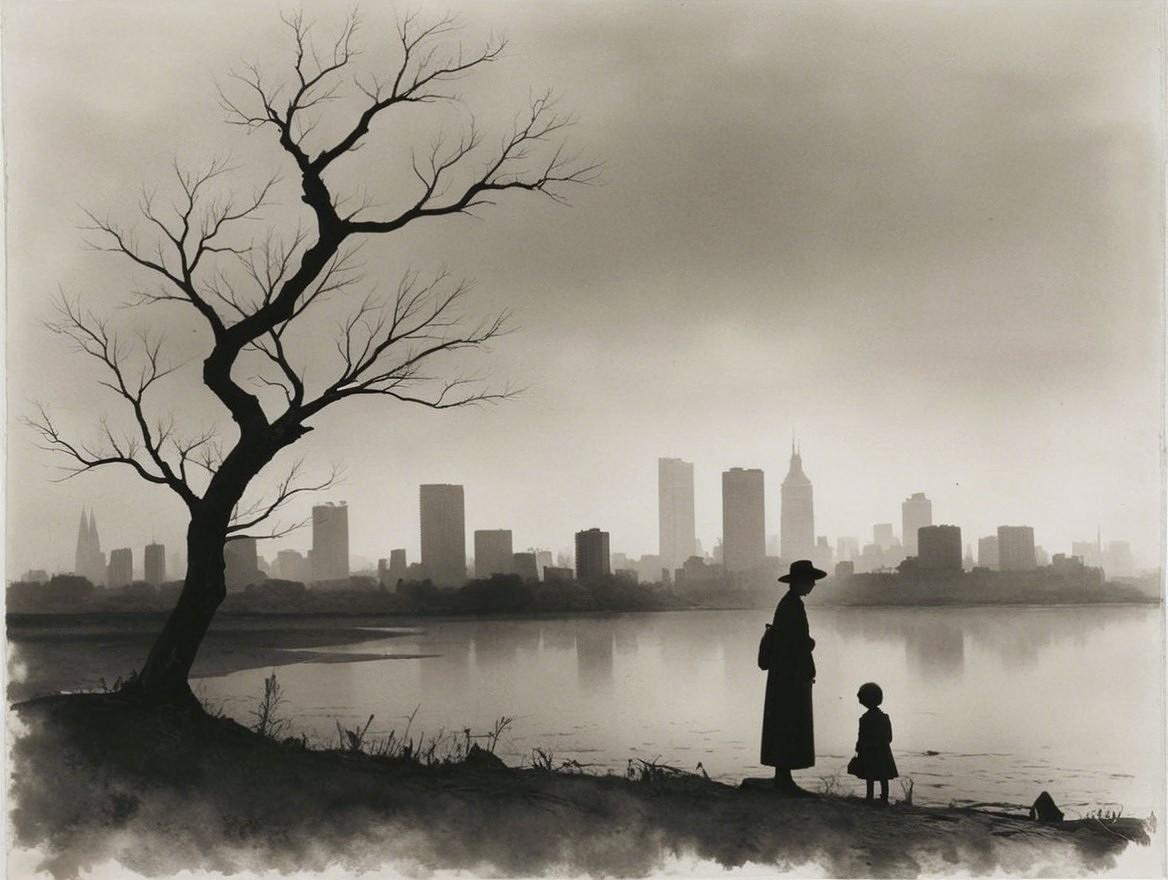 Silhouette of Woman and Child by Misty River Scene