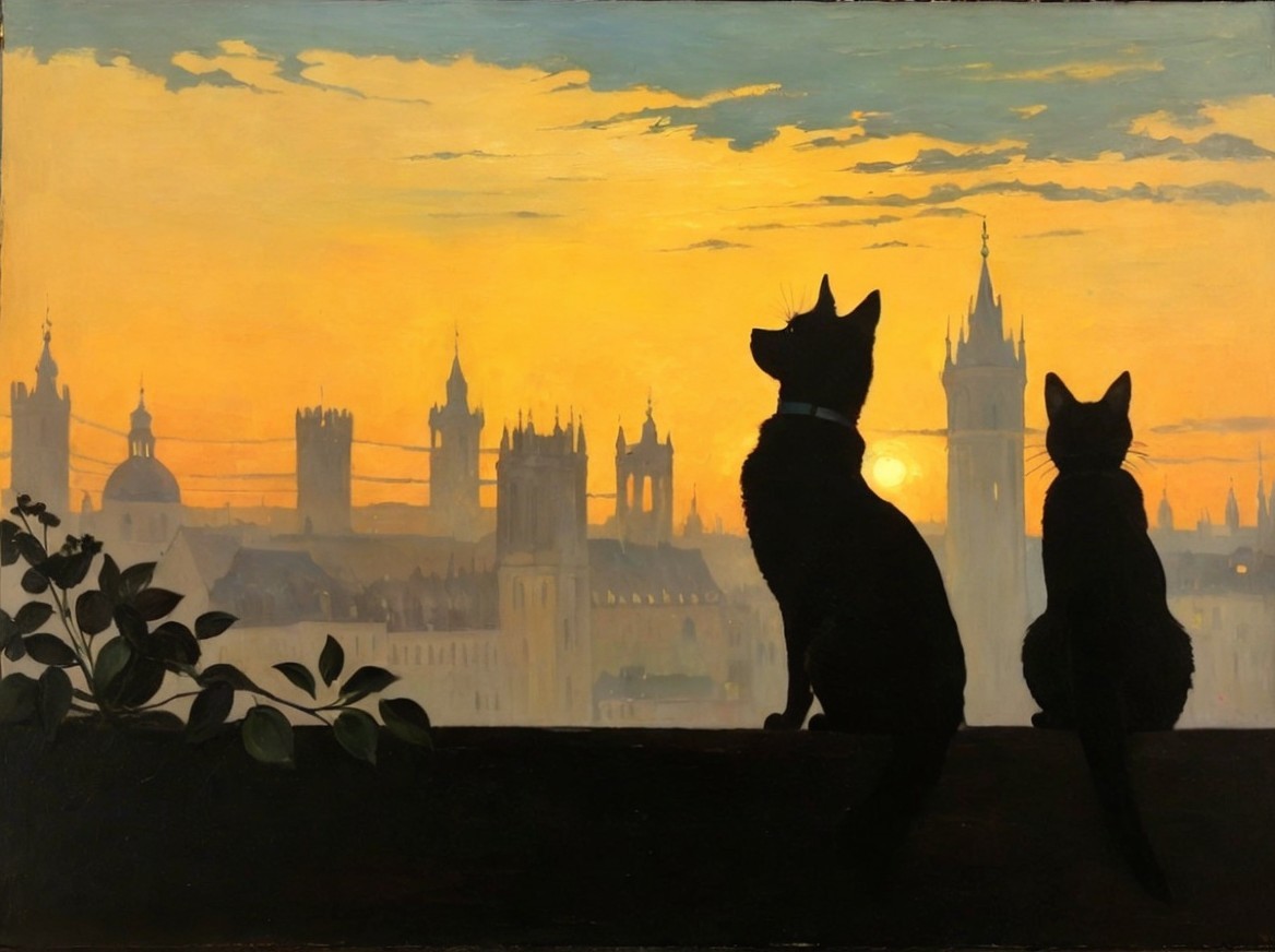 Silhouette of Cats Against a Sunset City Skyline
