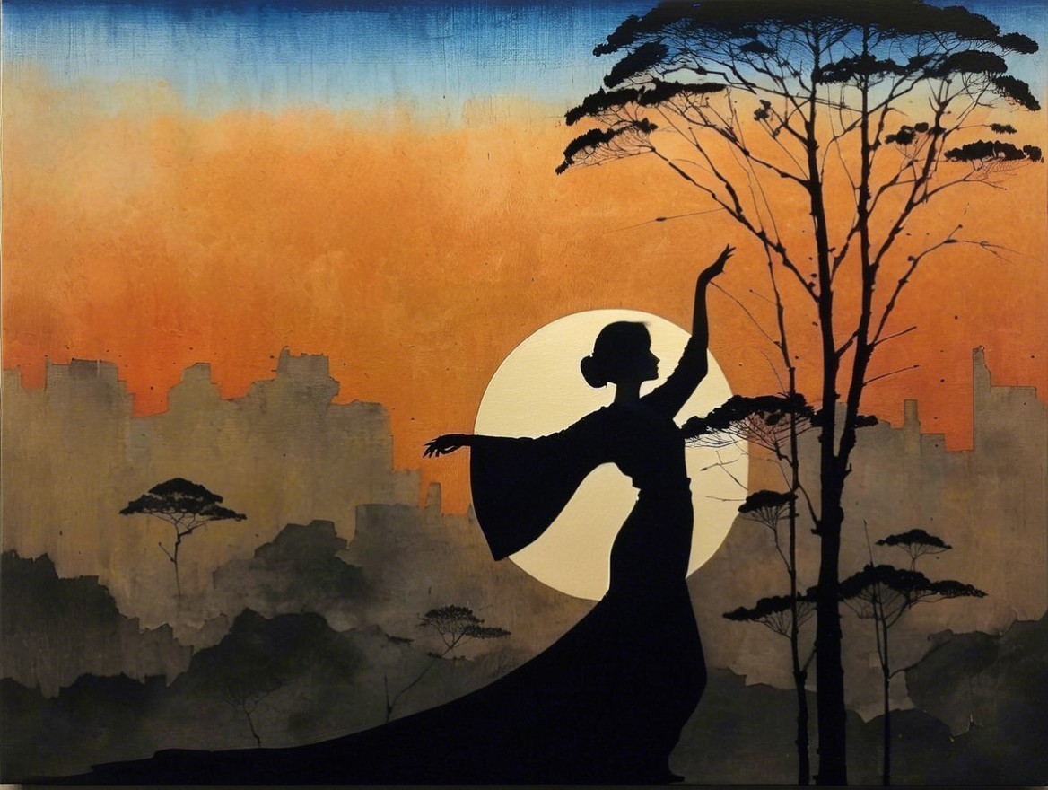 Dancer Silhouette Against Sunset and City Skyline