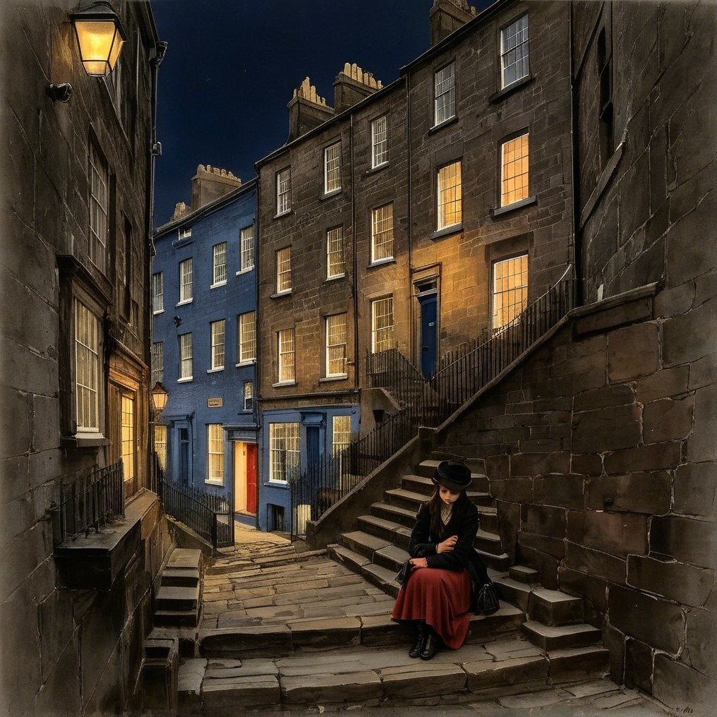 Dusk Street Scene with Historic Buildings and Warm Light