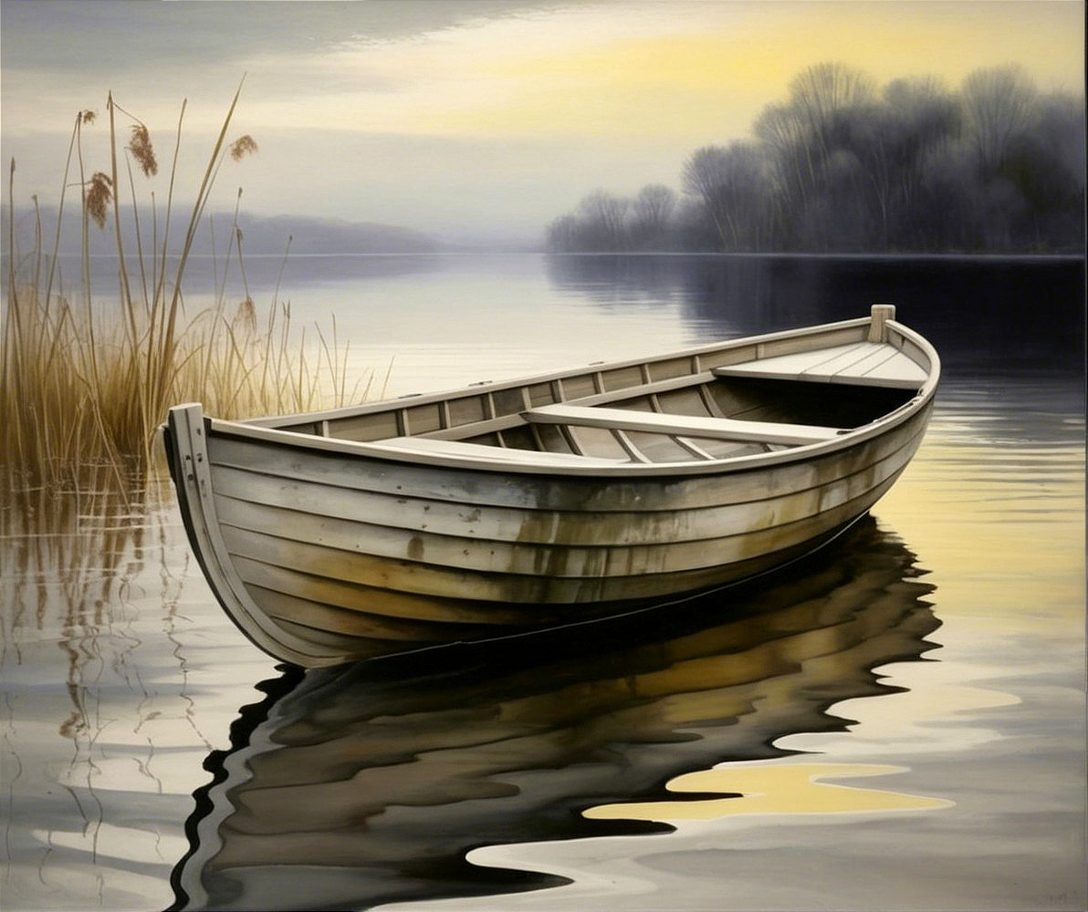 Weathered Boat on Calm Waters at Sunrise