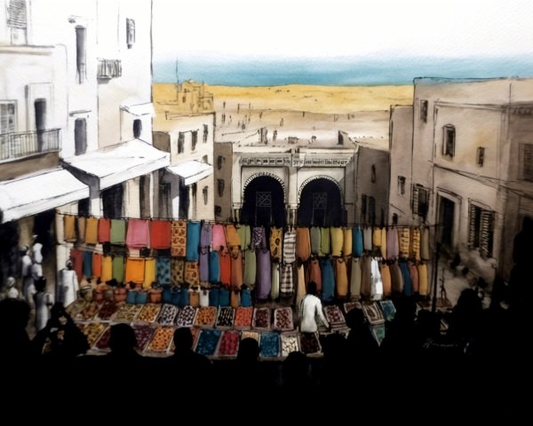Vibrant Coastal Marketplace with Colorful Stalls