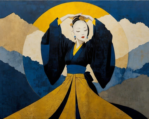 Serene Figure in Traditional Kimono Against Mountains