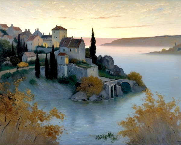 Serene Village Landscape by a Shimmering River