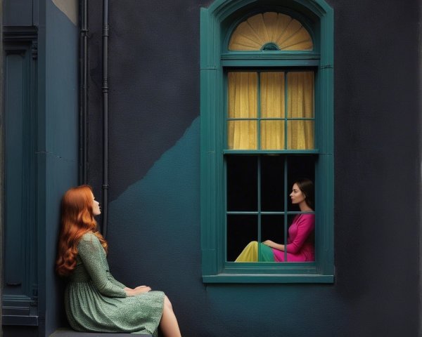 Woman with Red Hair and Green Dress by Window