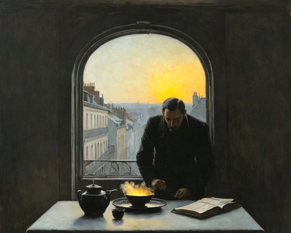 Man stirring a pot in a dimly lit room with sunset