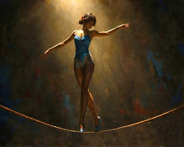 Athletic Woman Balancing on Tightrope in Spotlight