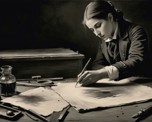 Realistic Oil Painting of Young Woman Writing in Sepia