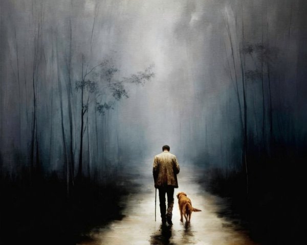Solitary Figure with Dog on a Misty Path