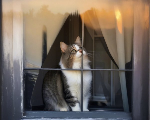 Fluffy Gray and White Cat on a Windowsill at Sunset