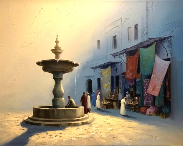 Marketplace Scene with Fountain and Colorful Awnings