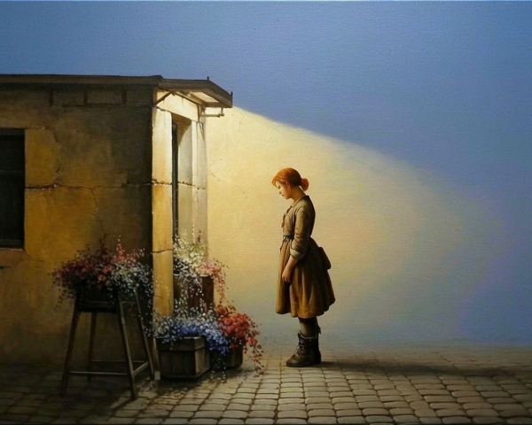 Young girl in alley admiring flowers at dusk