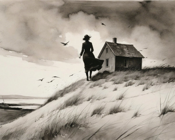 Solitary Figure in Dress on Windswept Dune Scene