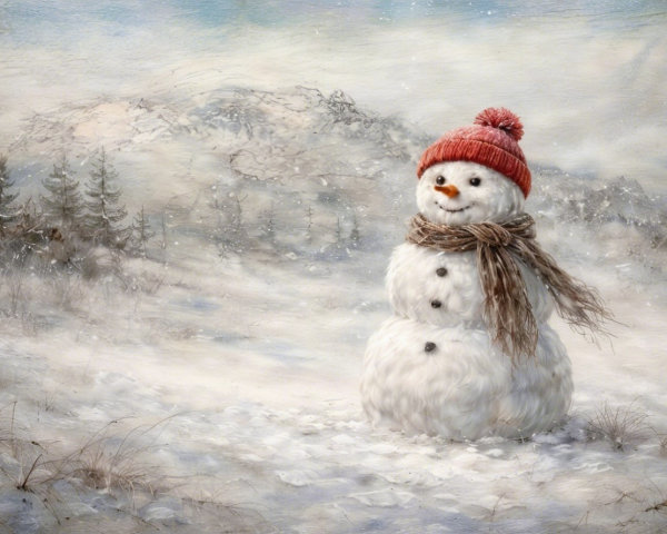 Watercolor Painting of a Snowman in Winter Landscape