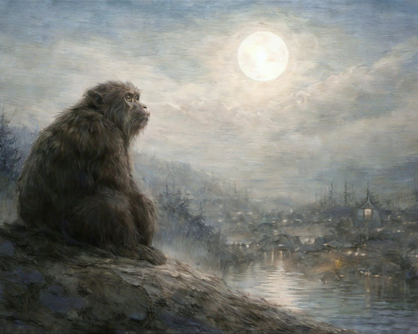 Fluffy Gray Creature Under Full Moon with Village Background