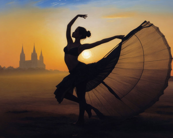 Silhouette of Dancer Against Sunset and Gothic Church