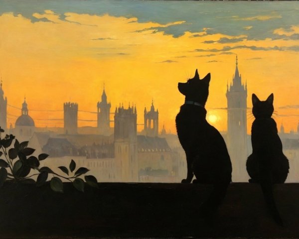Silhouette of Cats Against a Sunset City Skyline