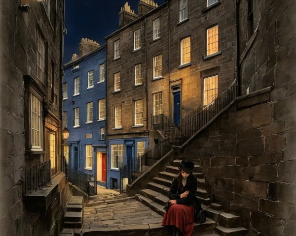 Dusk Street Scene with Historic Buildings and Warm Light