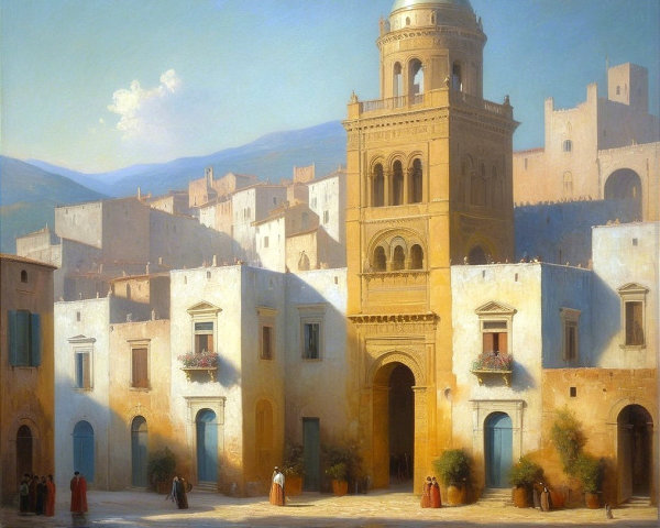 Mediterranean Town with Whitewashed Buildings and Flowers