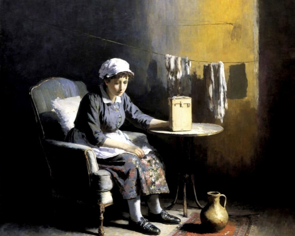 Young woman in apron reflects in dimly lit room