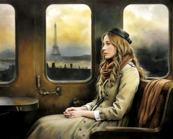 Woman by Train Window in Misty Paris Landscape