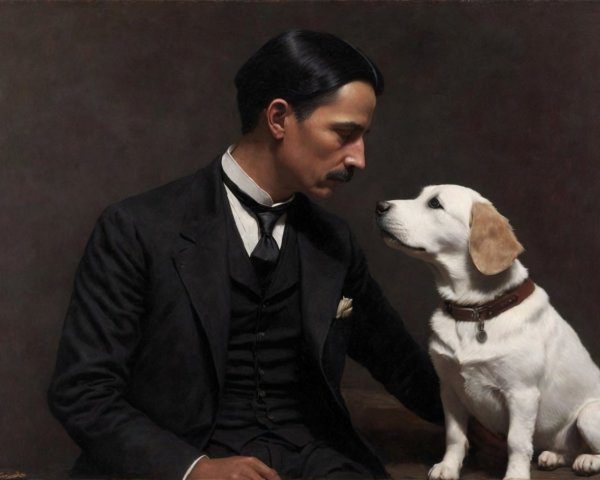 Gentleman in Suit with Dog Against Dark Background