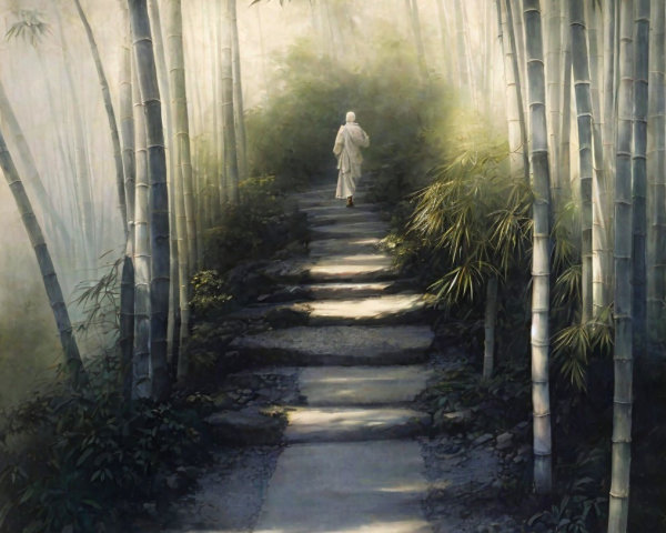Pathway in a tranquil bamboo forest with misty ambiance