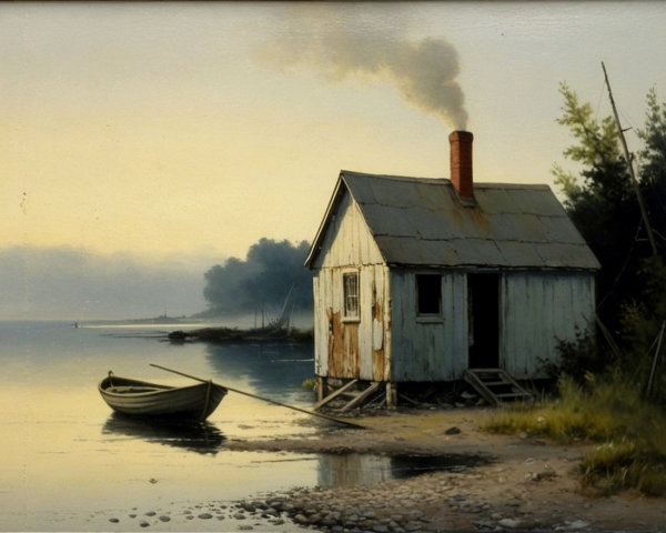 Rustic Cabin by Calm Lake at Dawn with Lush Greenery