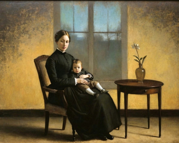 Serene Portrait of Woman and Child in Elegant Setting