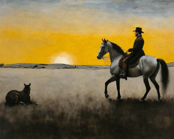 Solitary Horseman in Serene Sunset Landscape
