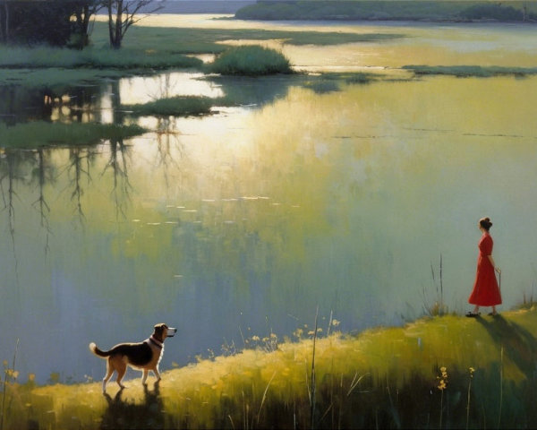 Woman in Red Dress by Tranquil Lake at Dawn