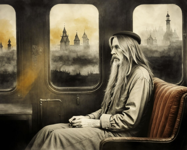 Man in vintage train carriage gazes at misty landscape