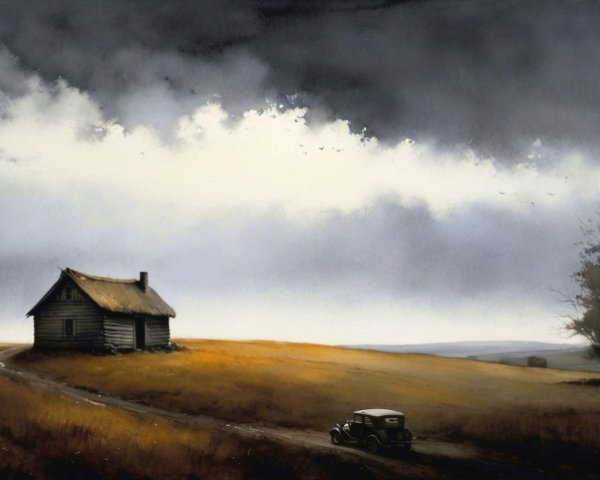 Log cabin on open landscape under dark clouds