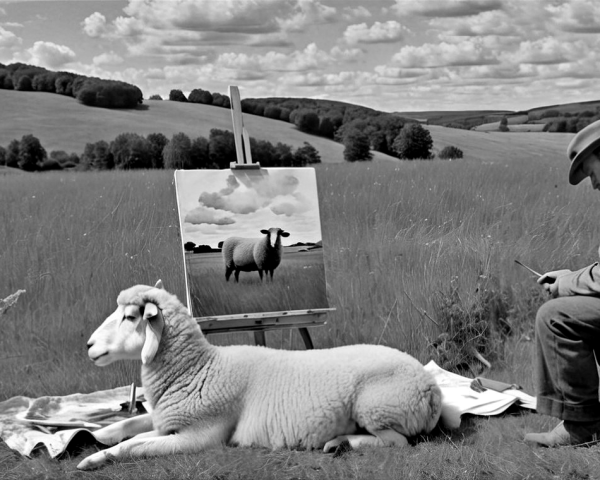 Black-and-white Landscape with Man Painting Sheep