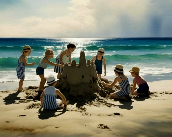Children Building a Sandcastle on a Sunny Beach