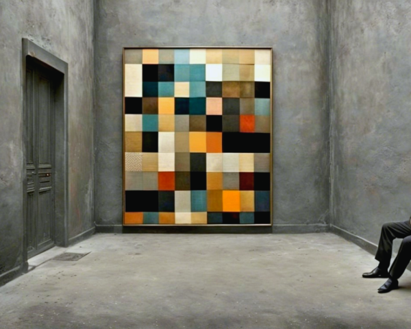Elderly Man Contemplates Colorful Artwork in Gray Room