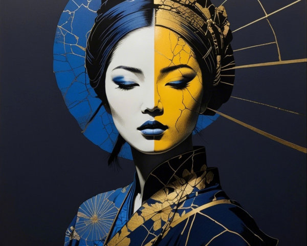 Digital painting of Asian woman with split face colors