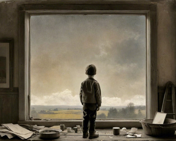 Child gazing out at a moody landscape from indoors