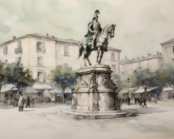 Vibrant Watercolor of a Town Square with Equestrian Statue