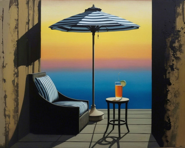 Serene Outdoor Scene with Umbrella and Cozy Chair