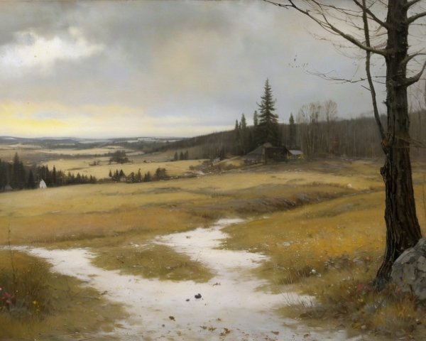 Serene landscape with winding path in golden meadow